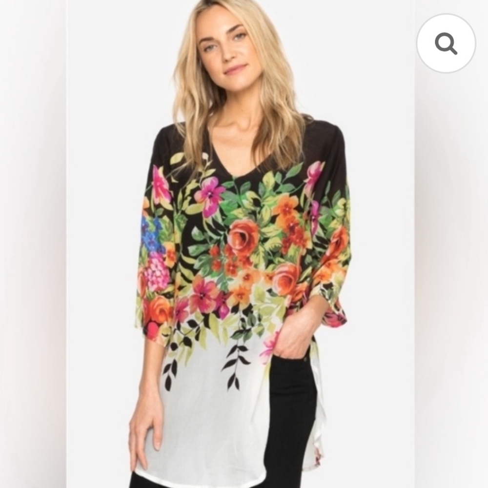 Johnny Was Black And White Betty Floral Sheer Tunic EUC Size XXL